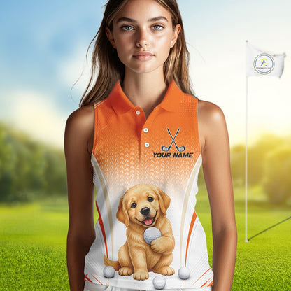 Custom Golden Retriever Golf Lover Orange Women Sleeveless Polo Shirt, Personalized Golf Polo Shirt With Dog NHT1328