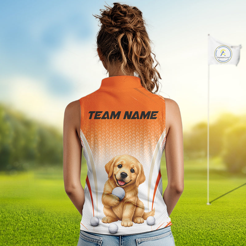 Custom Golden Retriever Golf Lover Orange Women Sleeveless Polo Shirt, Personalized Golf Polo Shirt With Dog NHT1328