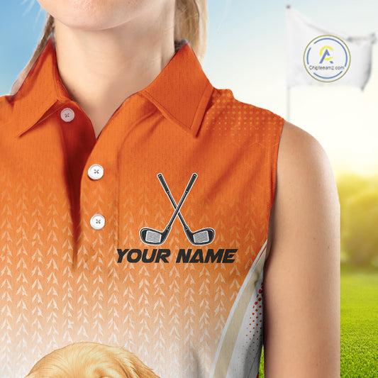 Custom Golden Retriever Golf Lover Orange Women Sleeveless Polo Shirt, Personalized Golf Polo Shirt With Dog NHT1328