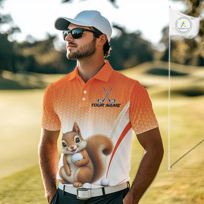 Custom Squirrel Golf Lover Orange Men Polo Shirt, Personalized Golf Polo Shirt With Dog NHT1329