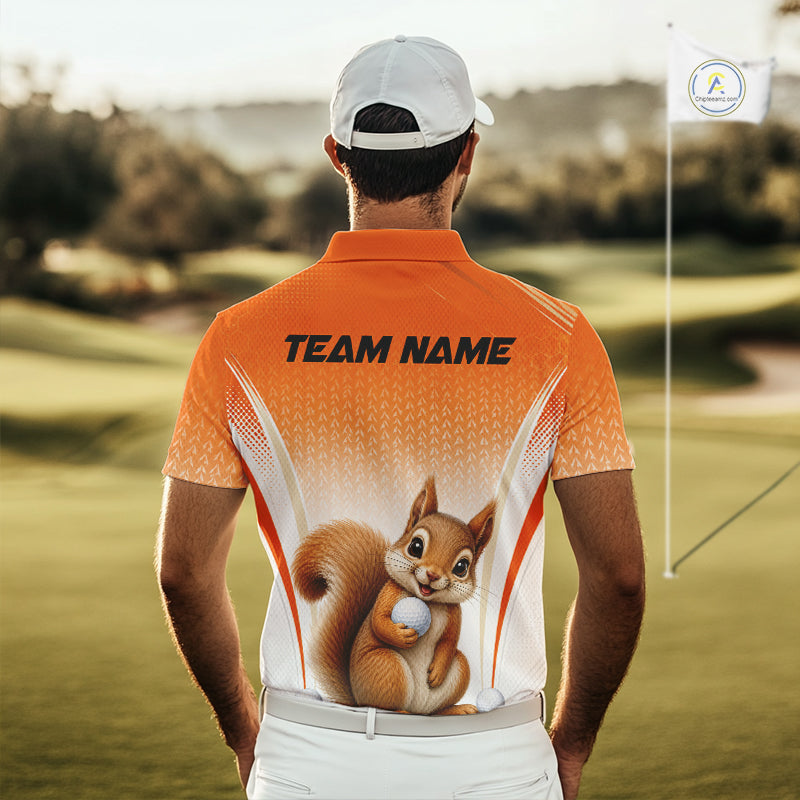 Custom Squirrel Golf Lover Orange Men Polo Shirt, Personalized Golf Polo Shirt With Dog NHT1329