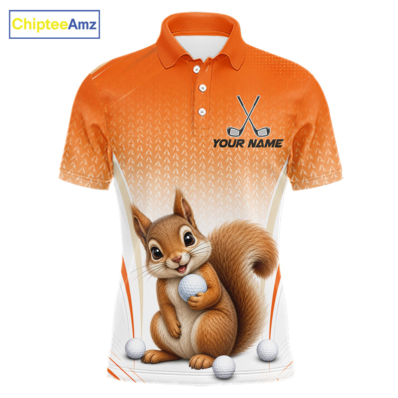 Custom Squirrel Golf Lover Orange Men Polo Shirt, Personalized Golf Polo Shirt With Dog NHT1329
