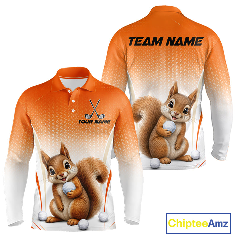 Custom Squirrel Golf Lover Orange Men Polo Shirt, Personalized Golf Polo Shirt With Dog NHT1329