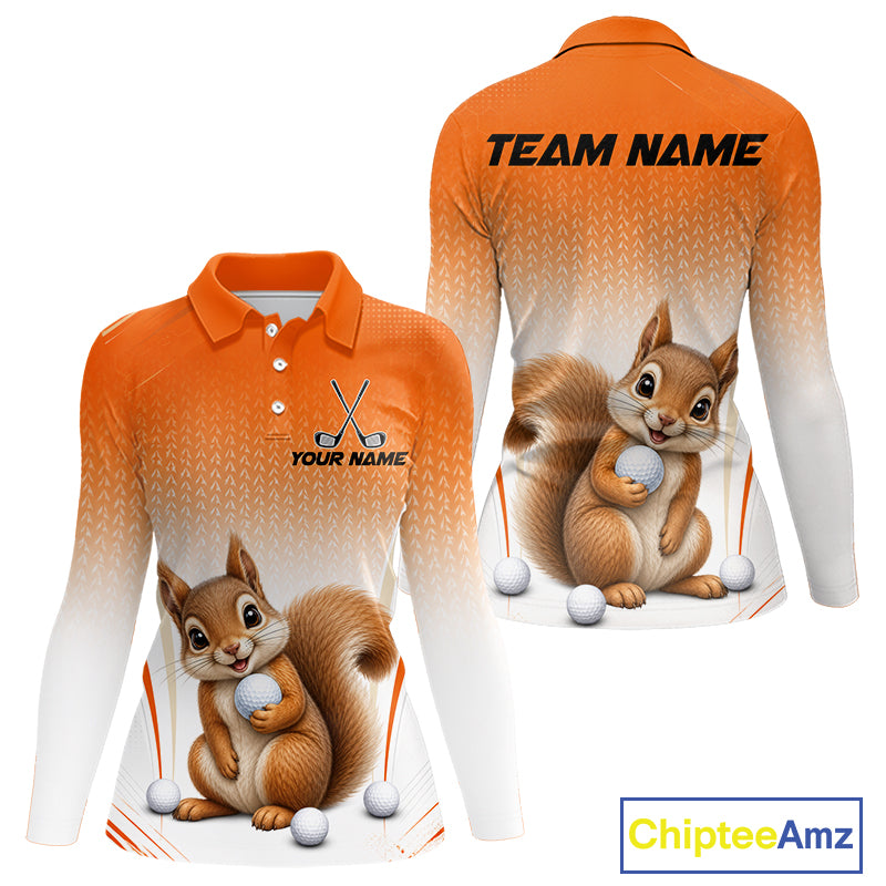 Custom Squirrel Golf Lover Orange Women Polo Shirt, Personalized Golf Polo Shirt With Dog NHT1329