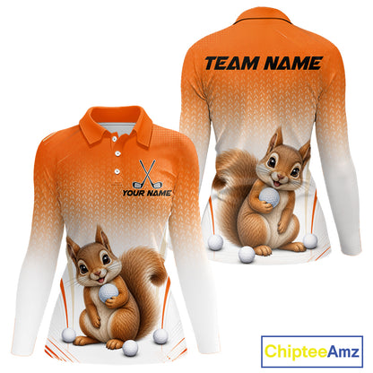 Custom Squirrel Golf Lover Orange Women Polo Shirt, Personalized Golf Polo Shirt With Dog NHT1329