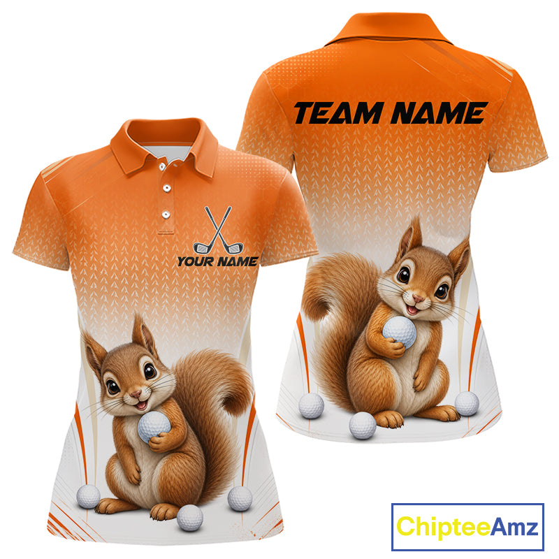 Custom Squirrel Golf Lover Orange Women Polo Shirt, Personalized Golf Polo Shirt With Dog NHT1329