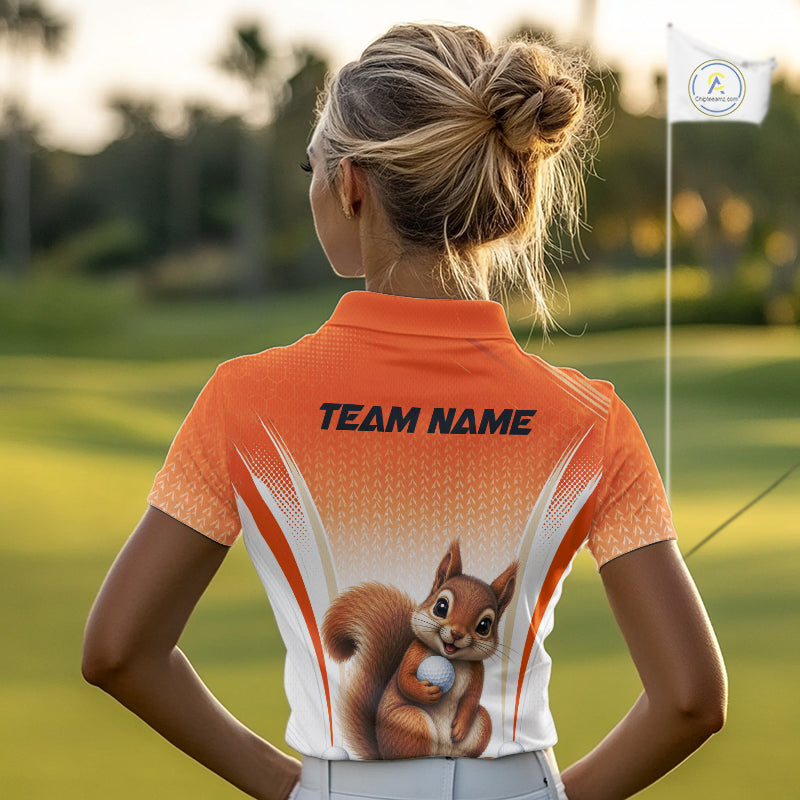 Custom Squirrel Golf Lover Orange Women Polo Shirt, Personalized Golf Polo Shirt With Dog NHT1329