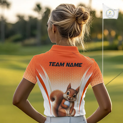 Custom Squirrel Golf Lover Orange Women Polo Shirt, Personalized Golf Polo Shirt With Dog NHT1329