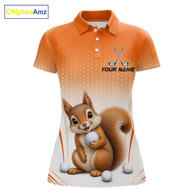 Custom Squirrel Golf Lover Orange Women Polo Shirt, Personalized Golf Polo Shirt With Dog NHT1329