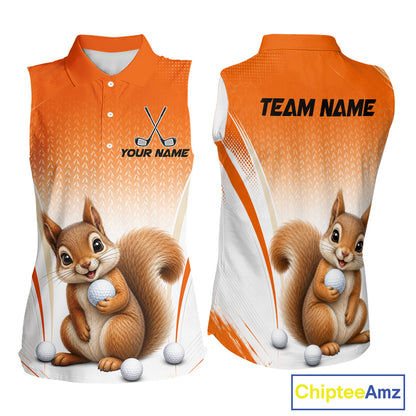 Custom Squirrel Golf Lover Orange Women Sleeveless Polo Shirt, Personalized Golf Polo Shirt With Dog NHT1329