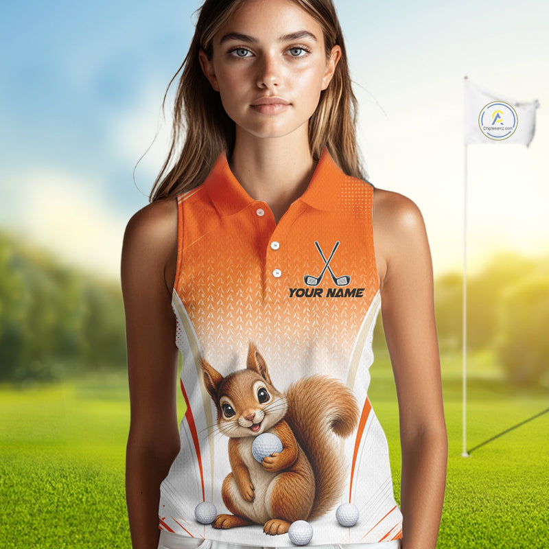 Custom Squirrel Golf Lover Orange Women Sleeveless Polo Shirt, Personalized Golf Polo Shirt With Dog NHT1329