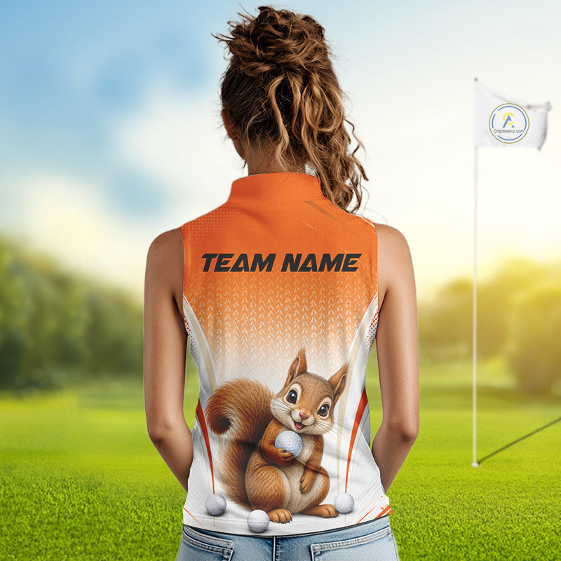 Custom Squirrel Golf Lover Orange Women Sleeveless Polo Shirt, Personalized Golf Polo Shirt With Dog NHT1329