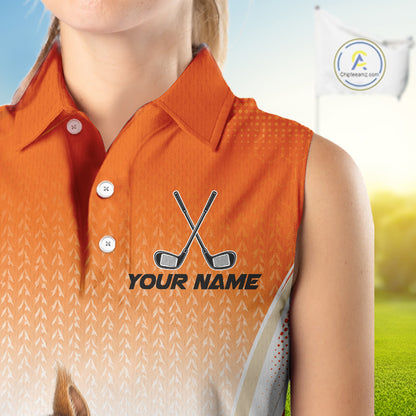 Custom Squirrel Golf Lover Orange Women Sleeveless Polo Shirt, Personalized Golf Polo Shirt With Dog NHT1329