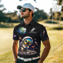 Load image into Gallery viewer, Close up of personalized astronaut parrot mens golf polo shirt, breathable polyester fabric, custom name area.
