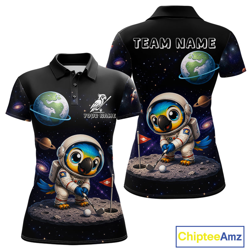 Personalized astronaut parrot womens golf polo shirt, cute space bird golf shirt, front view.