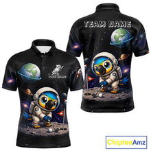 Load image into Gallery viewer, Mens golf polo shirt with astronaut parrot graphic, custom team name, sporty fit.