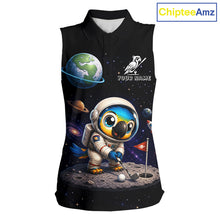 Load image into Gallery viewer, Personalized astronaut parrot womens sleeveless golf polo shirt, cute space bird print golf shirt, custom name team shirt front view.