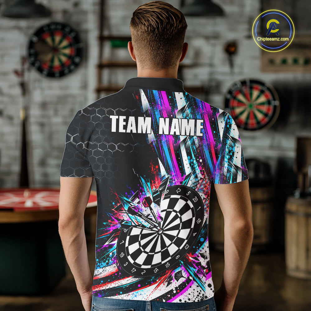 Neon Splash Dartboard Art Polo 1/4-Zip Shirt For Men Custom Vibrant Darts Team Match Jersey NHT1647