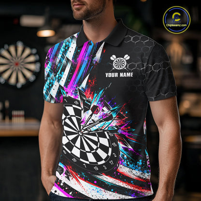 Neon Splash Dartboard Art Polo 1/4-Zip Shirt For Men Custom Vibrant Darts Team Match Jersey NHT1647