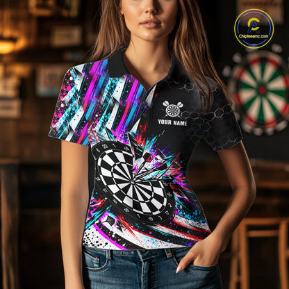Neon Splash Dartboard Art Polo 1/4-Zip Shirt For Women Custom Vibrant Darts Team Match Jersey NHT1647