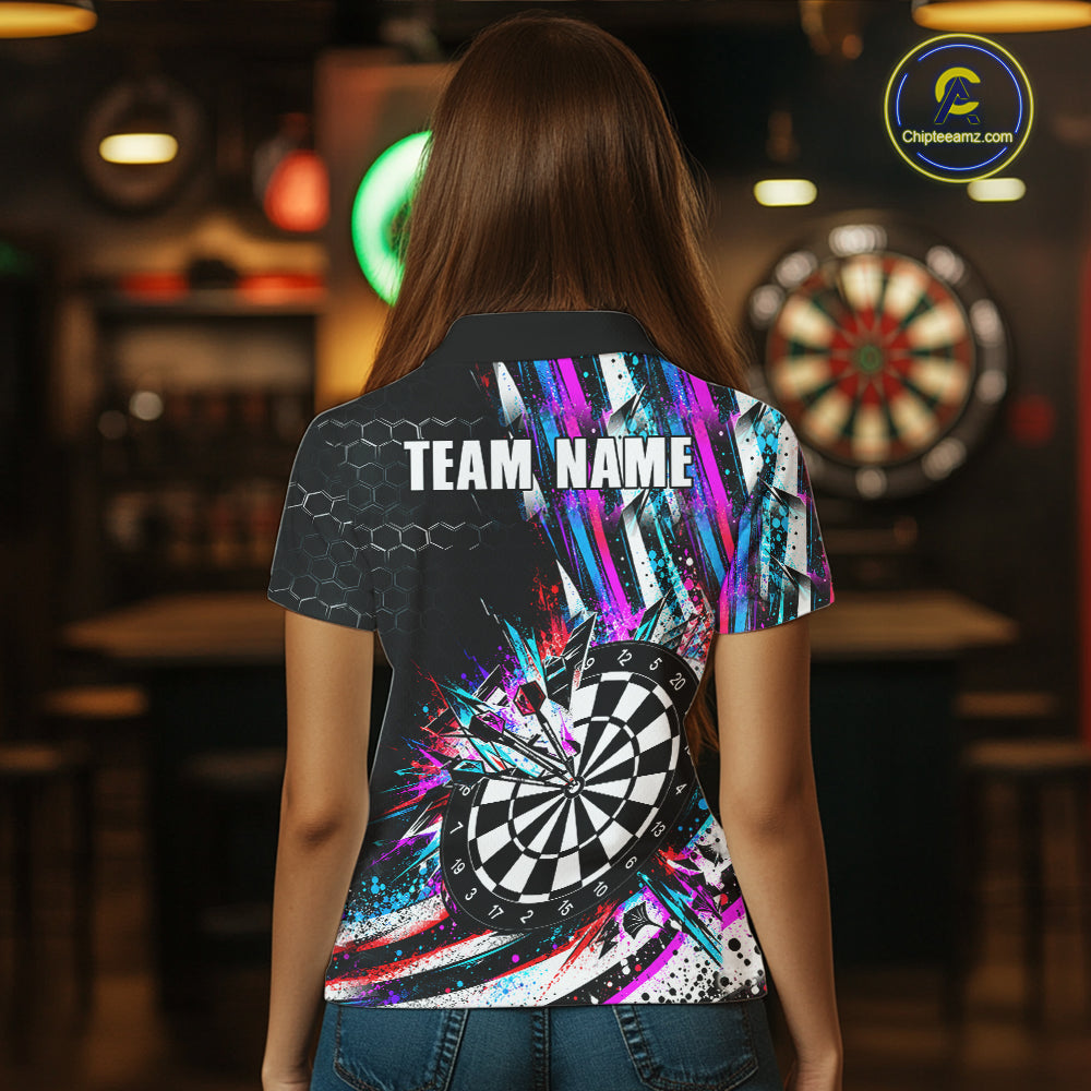 Neon Splash Dartboard Art Polo 1/4-Zip Shirt For Women Custom Vibrant Darts Team Match Jersey NHT1647