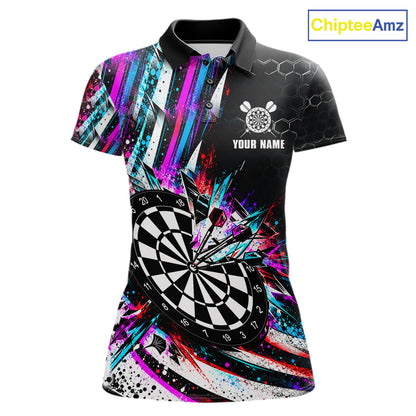 Neon Splash Dartboard Art Polo 1/4-Zip Shirt For Women Custom Vibrant Darts Team Match Jersey NHT1647