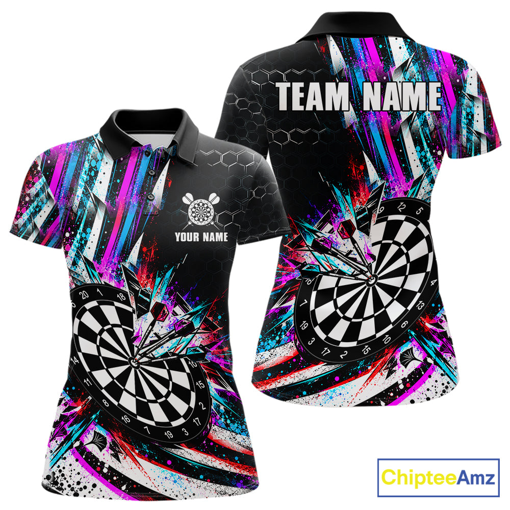 Neon Splash Dartboard Art Polo 1/4-Zip Shirt For Women Custom Vibrant Darts Team Match Jersey NHT1647
