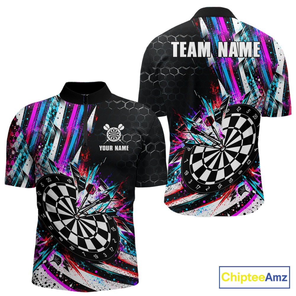 Neon Splash Dartboard Art Polo 1/4-Zip Shirt For Men Custom Vibrant Darts Team Match Jersey NHT1647