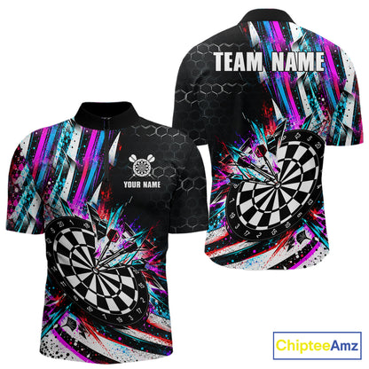 Neon Splash Dartboard Art Polo 1/4-Zip Shirt For Men Custom Vibrant Darts Team Match Jersey NHT1647