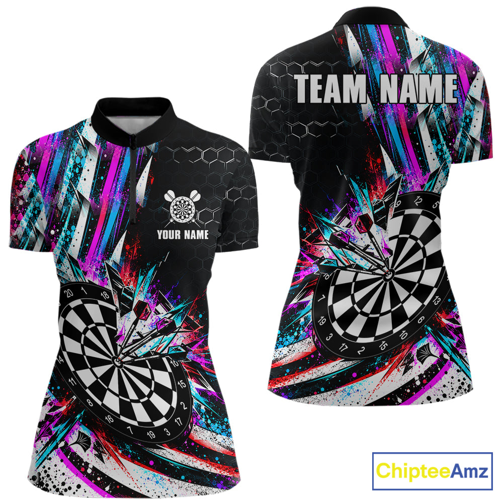 Neon Splash Dartboard Art Polo 1/4-Zip Shirt For Women Custom Vibrant Darts Team Match Jersey NHT1647