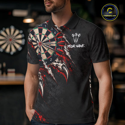Slashed Black Red Darts Polo 1/4-Zip Shirt For Men Custom Dart Player Competition Jersey NHT1653