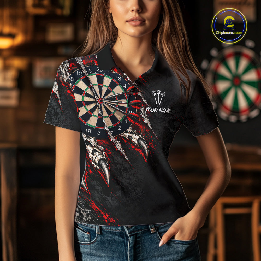 Slashed Black Red Darts Polo 1/4-Zip Shirt For Women Custom Dart Player Competition Jersey NHT1653