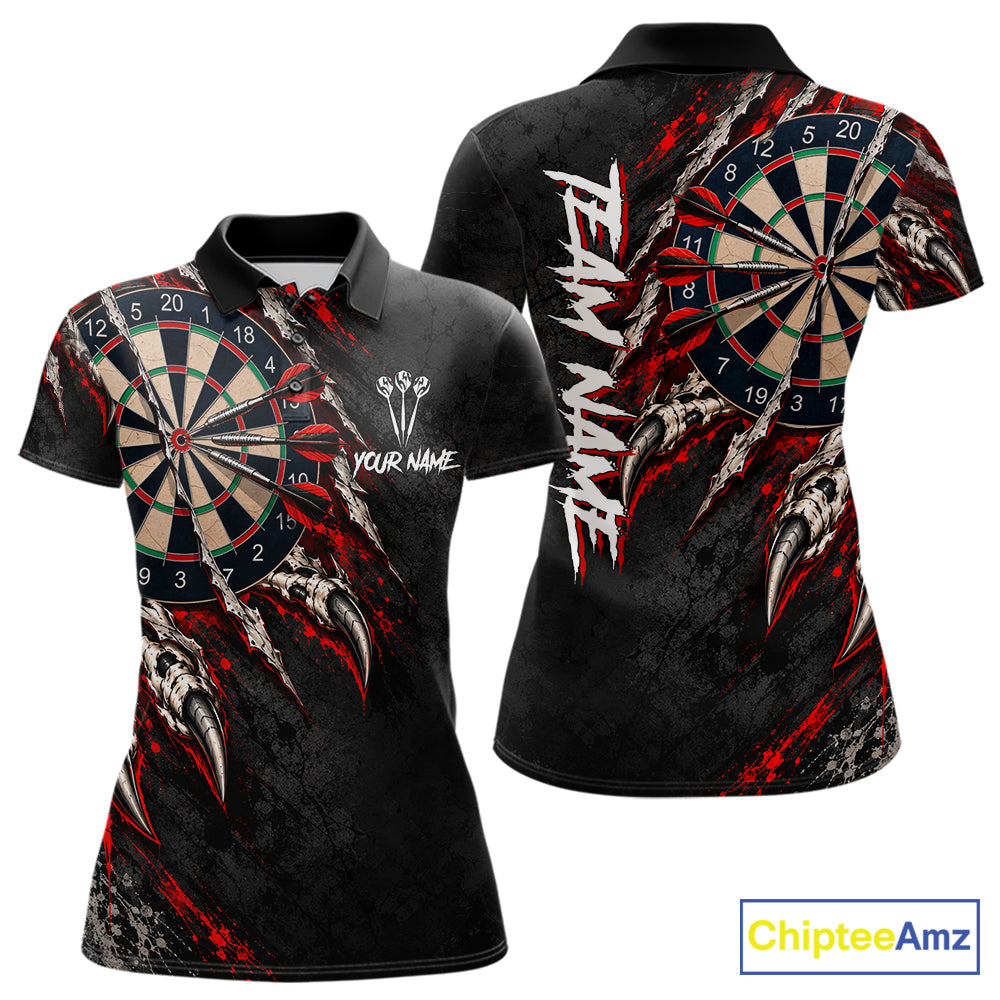 Slashed Black Red Darts Polo 1/4-Zip Shirt For Women Custom Dart Player Competition Jersey NHT1653