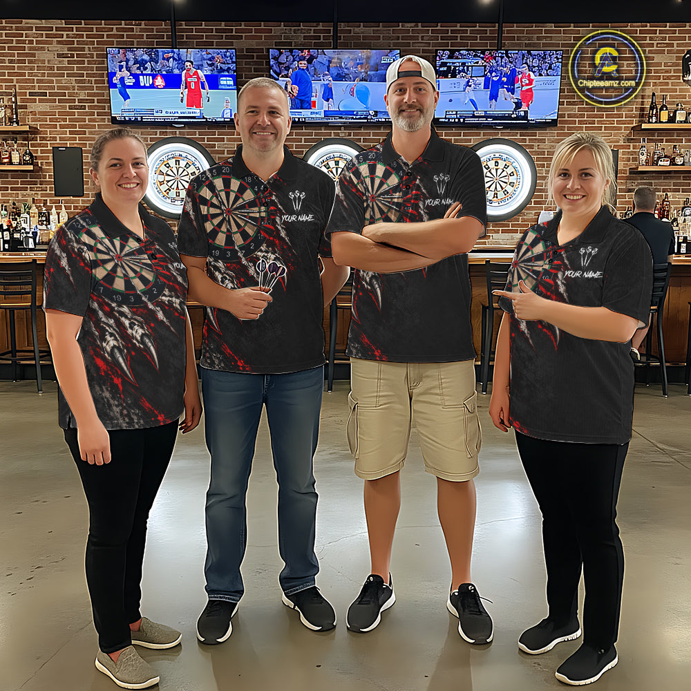 Slashed Black Red Darts Polo 1/4-Zip Shirt For Men Custom Dart Player Competition Jersey NHT1653
