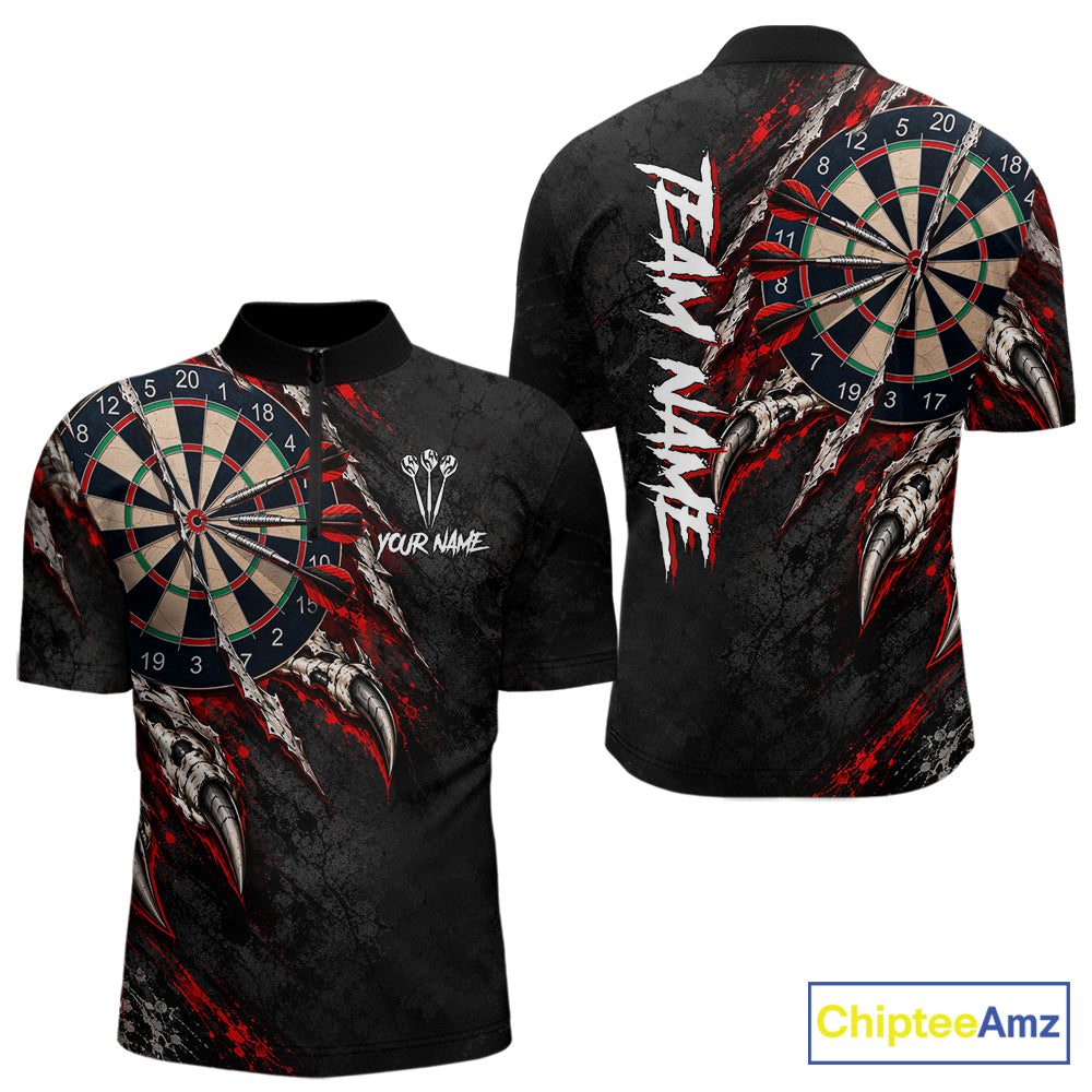 Slashed Black Red Darts Polo 1/4-Zip Shirt For Men Custom Dart Player Competition Jersey NHT1653