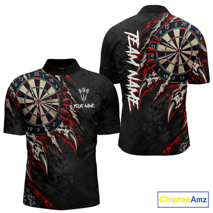 Slashed Black Red Darts Polo 1/4-Zip Shirt For Men Custom Dart Player Competition Jersey NHT1653