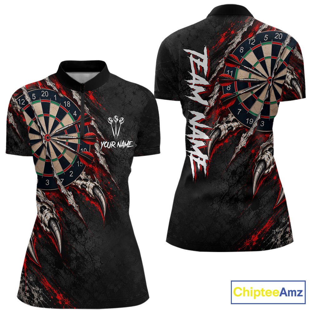 Slashed Black Red Darts Polo 1/4-Zip Shirt For Women Custom Dart Player Competition Jersey NHT1653