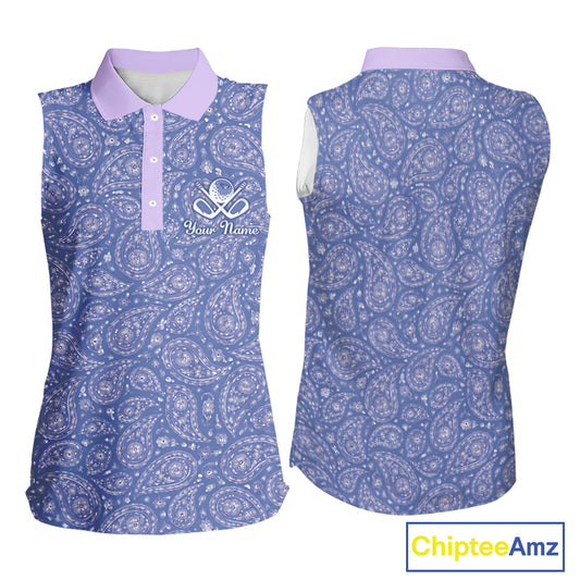 Custom Lavender Paisley Golf Polo For Women, Personalized Womens Sleeveless Golf Shirt With Name For Mother's Day NHT695