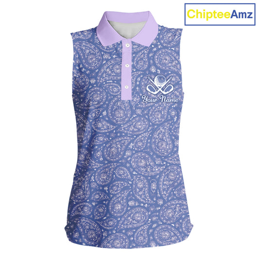 Custom Lavender Paisley Golf Polo For Women, Personalized Womens Sleeveless Golf Shirt With Name For Mother's Day NHT695