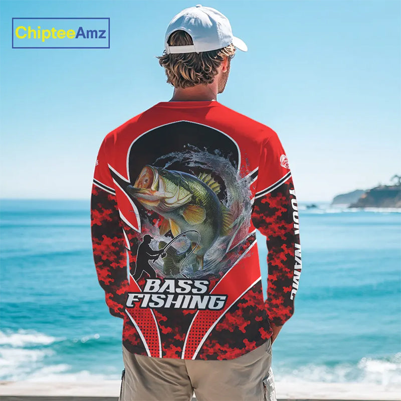 Personalized Bass Fishing Shirts Long Sleeve, UV Protection Shirt Customize Name Fishing | Red NHT394