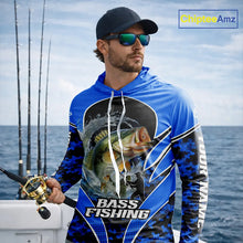 Load image into Gallery viewer, Personalized Bass Fishing Shirts Long Sleeve Hooded, UV Protection Shirt Customize Name Fishing | Blue NHT395