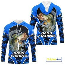Load image into Gallery viewer, Personalized Bass Fishing Shirts Long Sleeve Hooded, UV Protection Shirt Customize Name Fishing | Blue NHT395