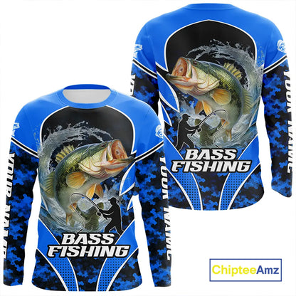 Personalized Bass Fishing Shirts Long Sleeve, UV Protection Shirt Customize Name Fishing | Blue NHT395