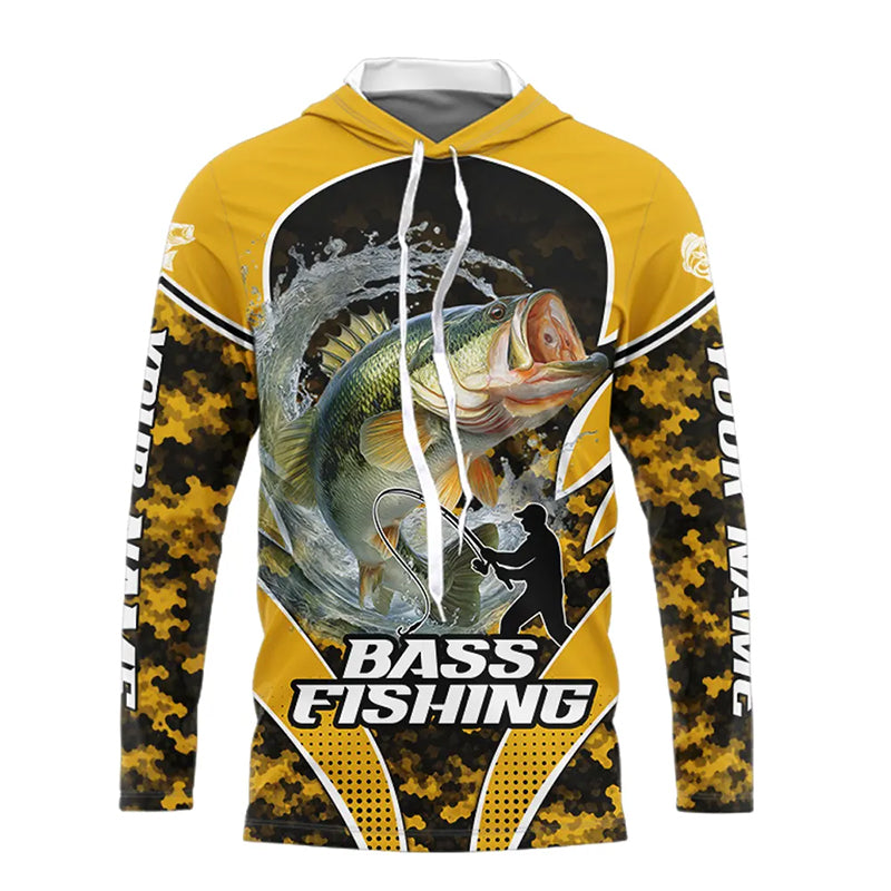 Personalized Bass Fishing Shirts Long Sleeve Hooded, UV Protection Shirt Customize Name | Yellow NHT396