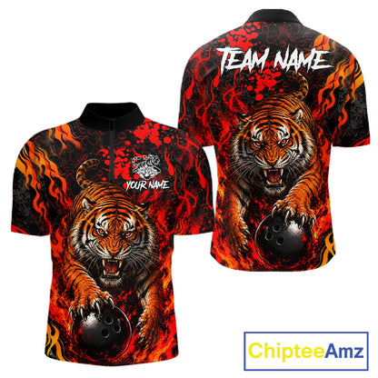 Tiger Bowling Polo Shirt Custom Name Team Quarter Zip Bowling Jersey For Men NHT1349