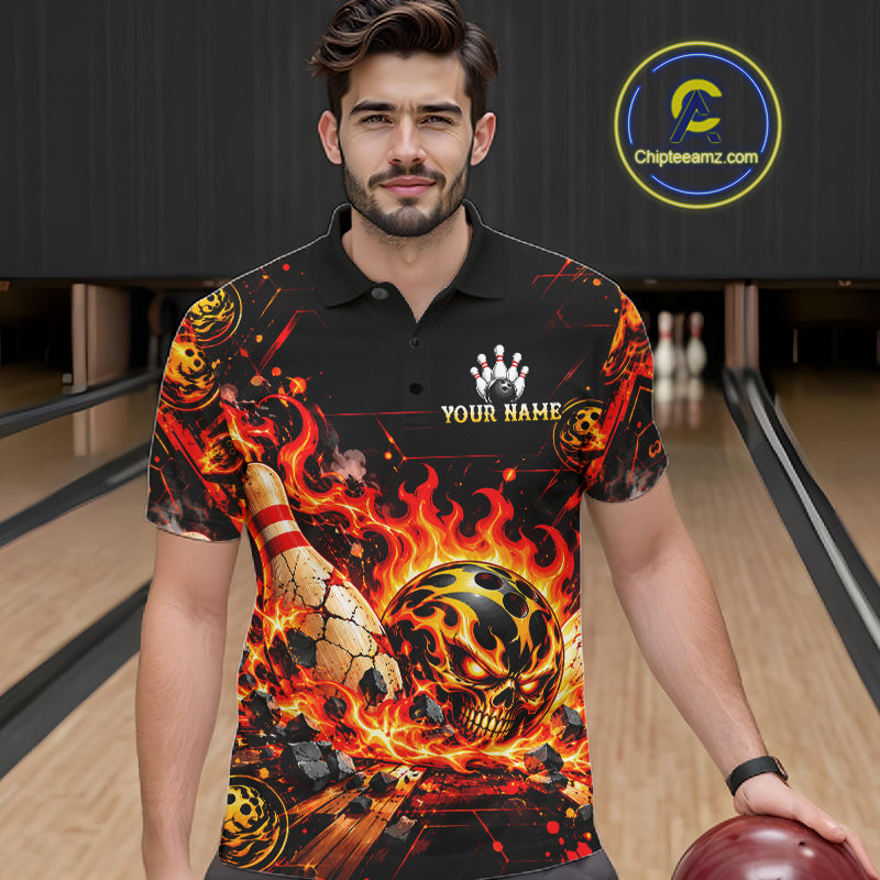Burning Lava Bowling Ball Pattern Polo Shirt For Men Personalized Team Performance Jersey NHT1673