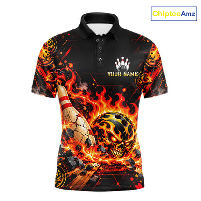 Burning Lava Bowling Ball Pattern Polo Shirt For Men Personalized Team Performance Jersey NHT1673
