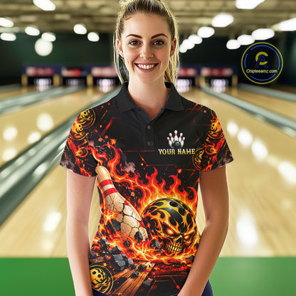 Burning Lava Bowling Ball Pattern Polo Shirt For Women Personalized Team Performance Jersey NHT1673