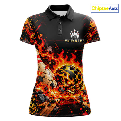 Burning Lava Bowling Ball Pattern Polo Shirt For Women Personalized Team Performance Jersey NHT1673