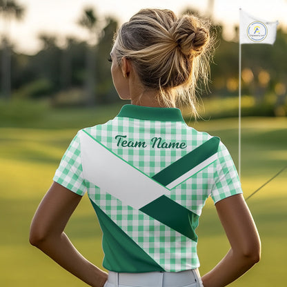 Custom Women’s Green Gingham Plaid Golf Polo Shirts– Personalized Ladies Golf Apparel NHT716
